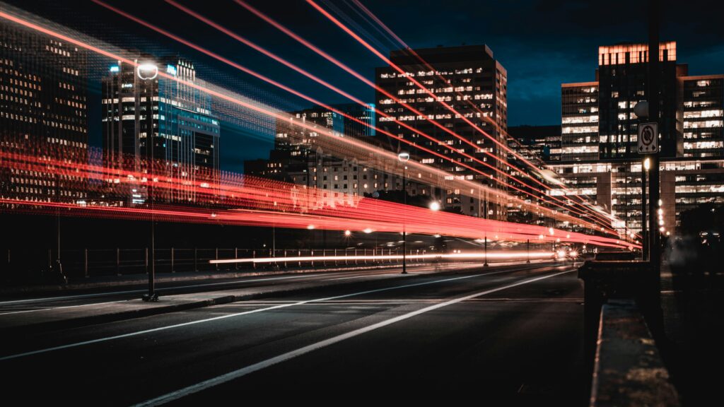 City skyline with bright lights. | Photo by Marc-Olivier Jodoin